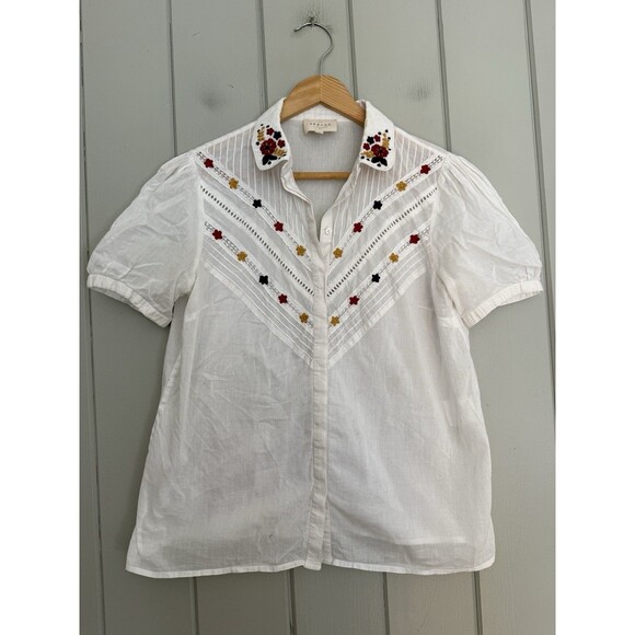 Sezane Estelle Top 36 S Small White Short Sleeves Embroidered Button Up Cotton - Picture 1 of 4